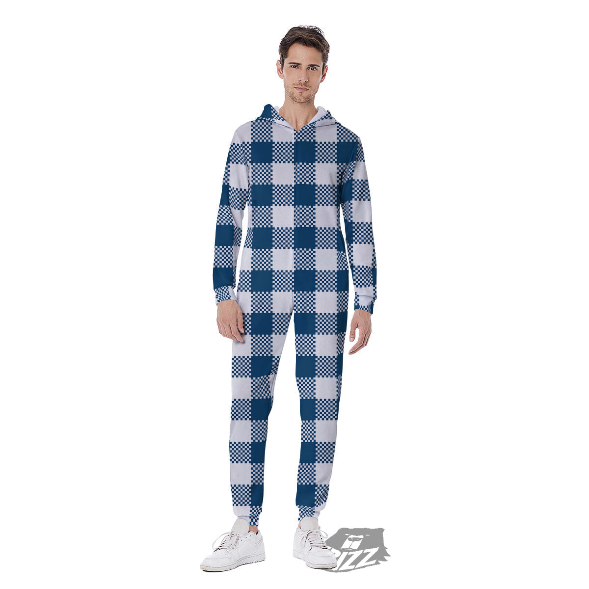 Buffalo Check White And Blue Print Men's Jumpsuit-grizzshop