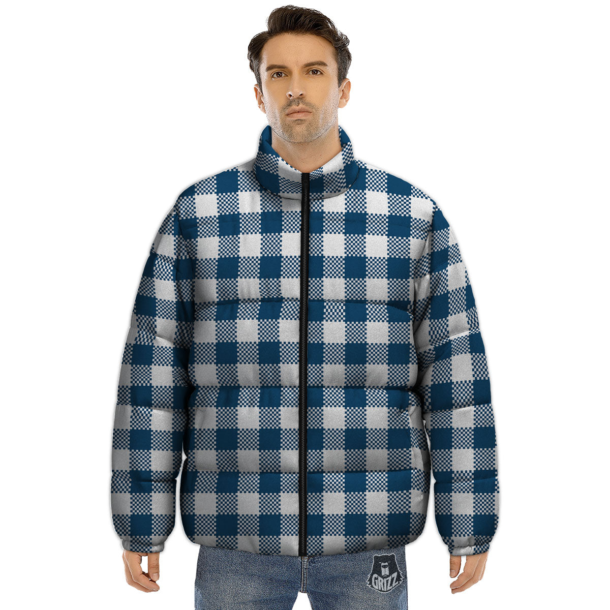 Buffalo Check White And Blue Print Puffer Jacket-grizzshop