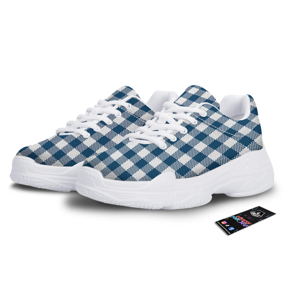 Buffalo Check White And Blue Print White Chunky Shoes-grizzshop