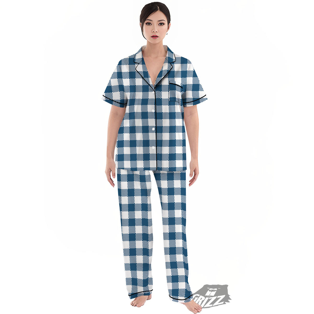 Buffalo Check White And Blue Print Women's Pajamas Set-grizzshop