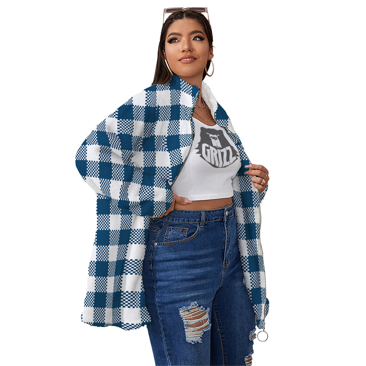 Buffalo Check White And Blue Print Women's Sherpa Jacket-grizzshop