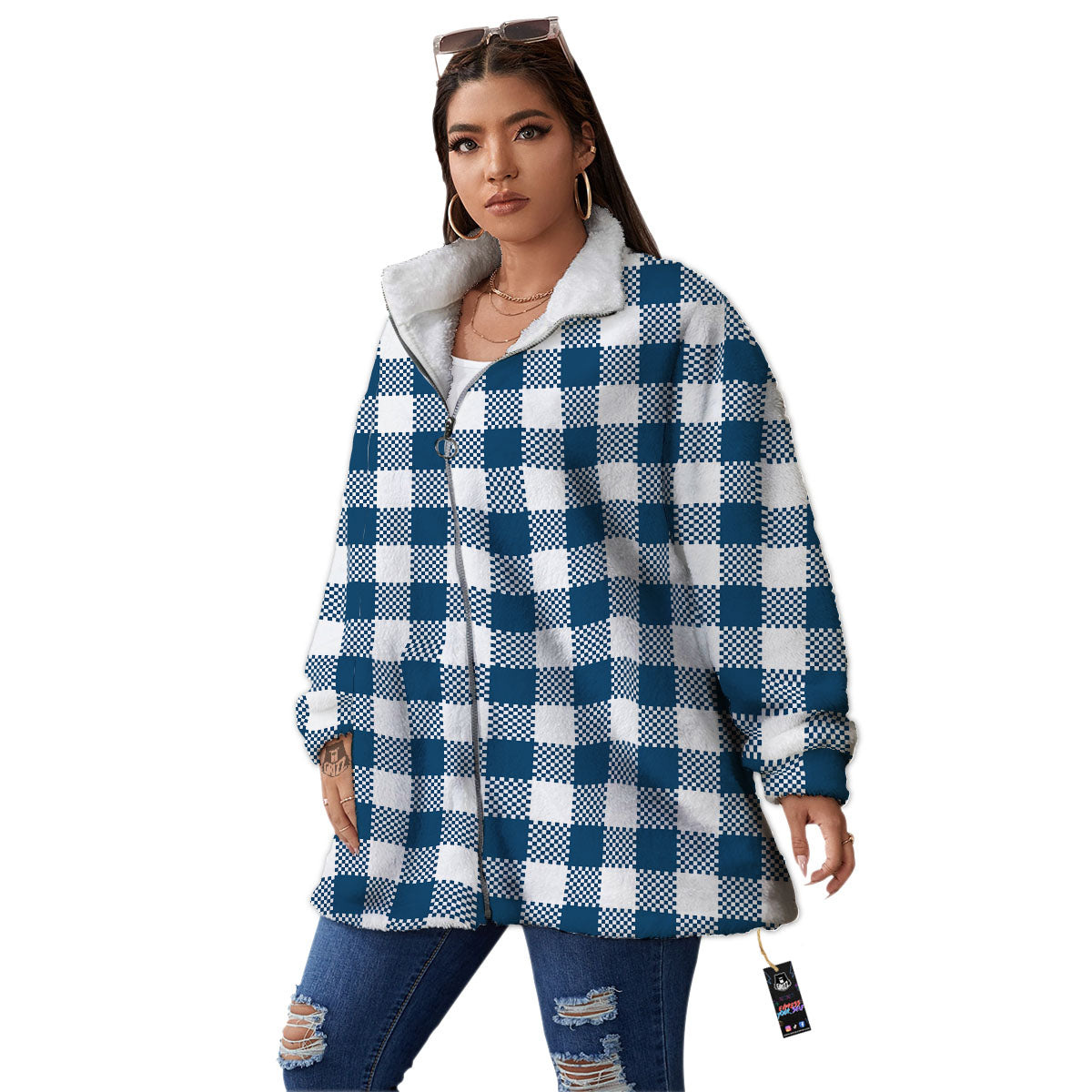 Buffalo Check White And Blue Print Women's Sherpa Jacket-grizzshop