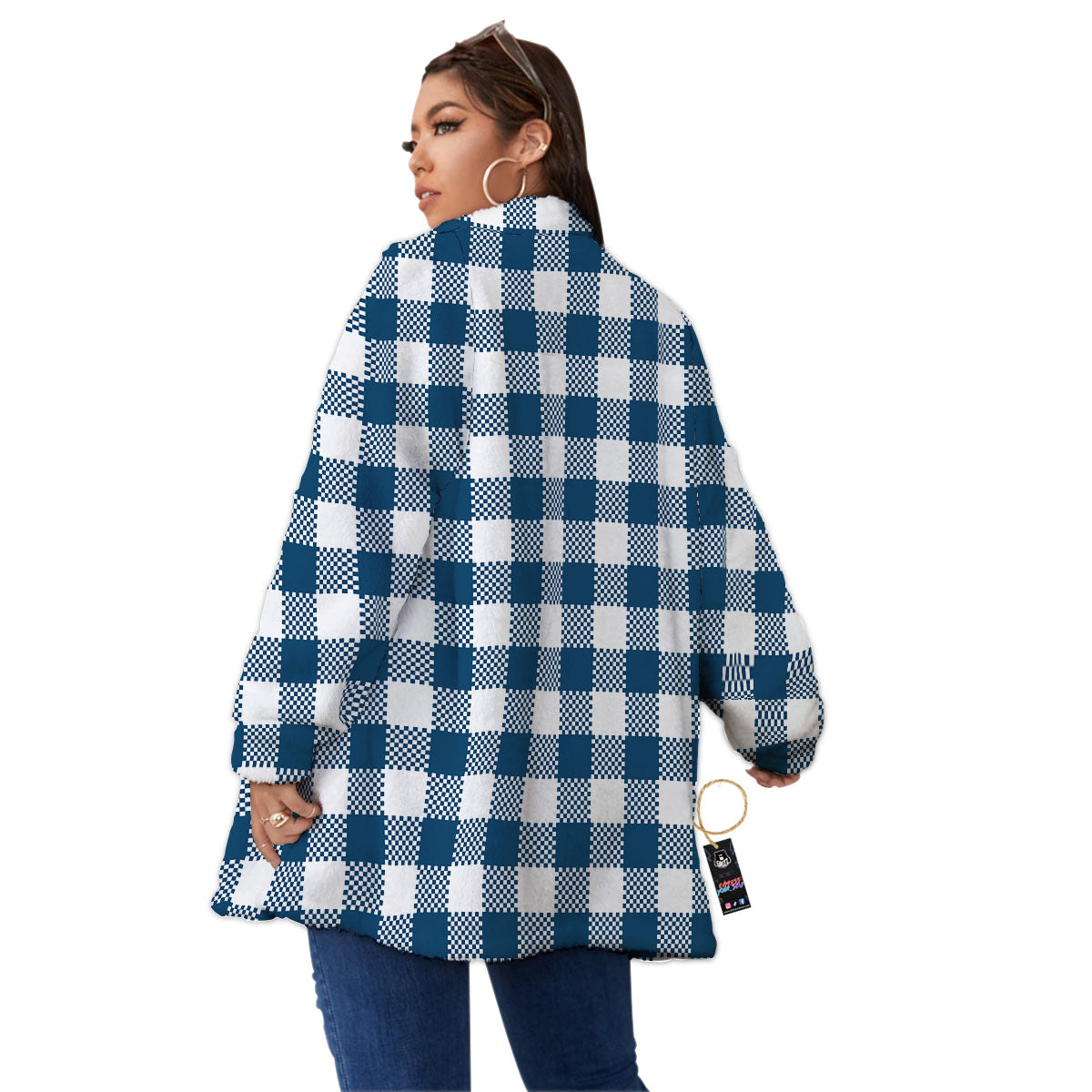 Buffalo Check White And Blue Print Women's Sherpa Jacket-grizzshop
