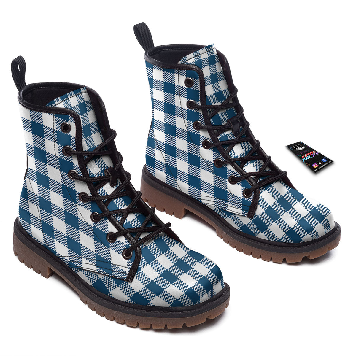 Buffalo Check White And Blue Print Work Boots-grizzshop