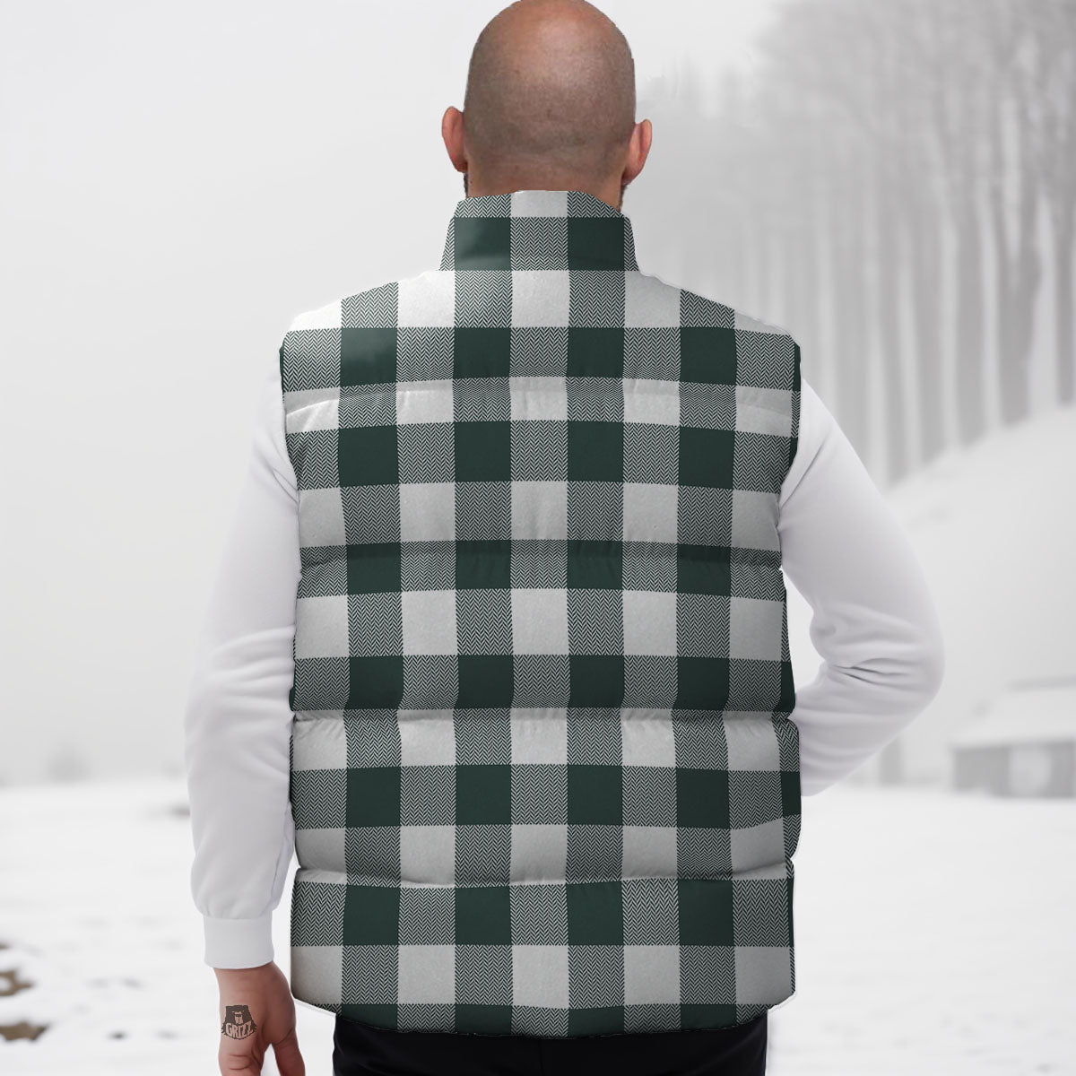 Buffalo Check White And Green Print Down Vest