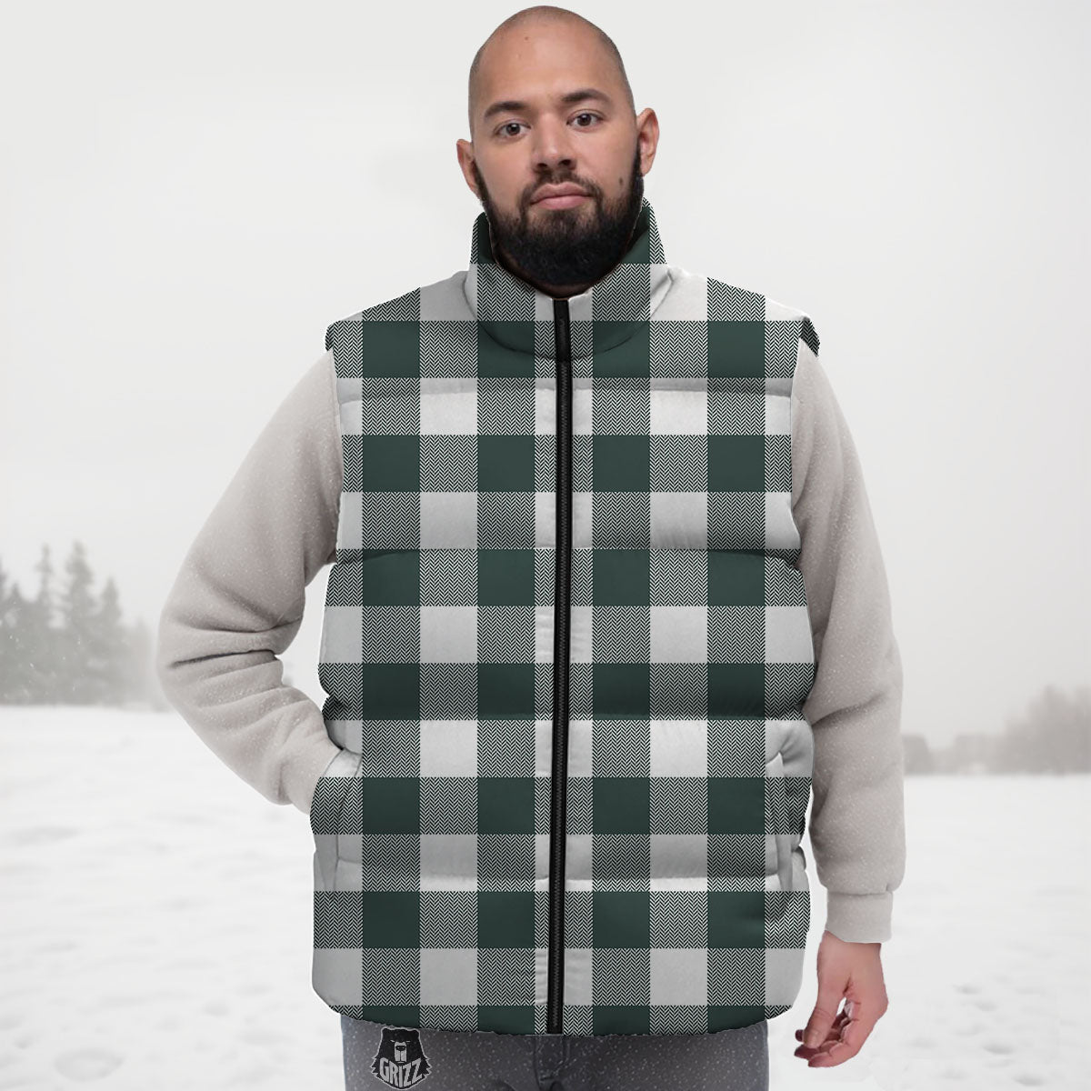 Buffalo Check White And Green Print Down Vest
