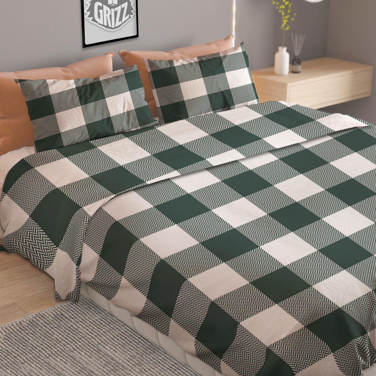 Buffalo Check White And Green Print Duvet Cover Bedding Set