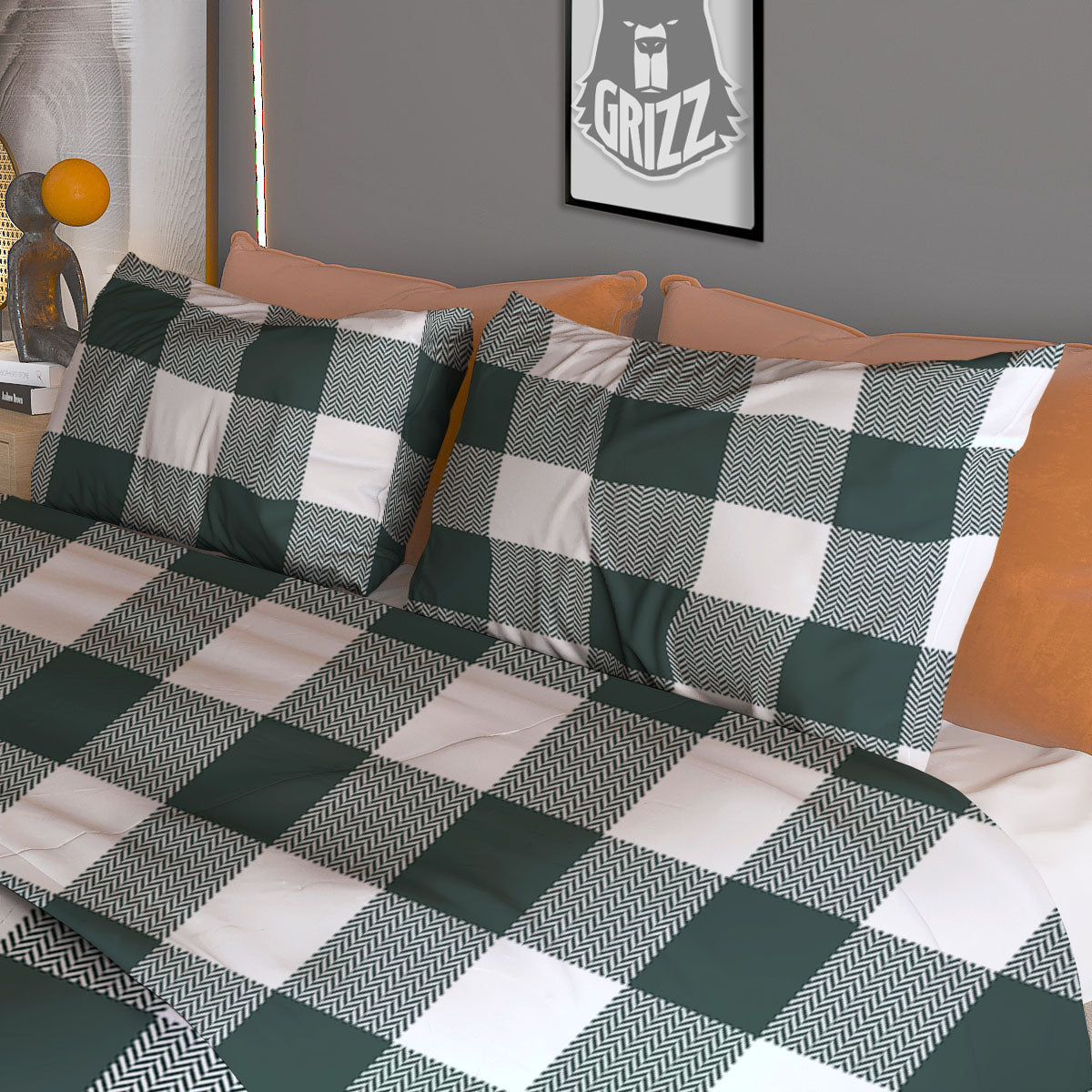 Buffalo Check White And Green Print Duvet Cover Bedding Set