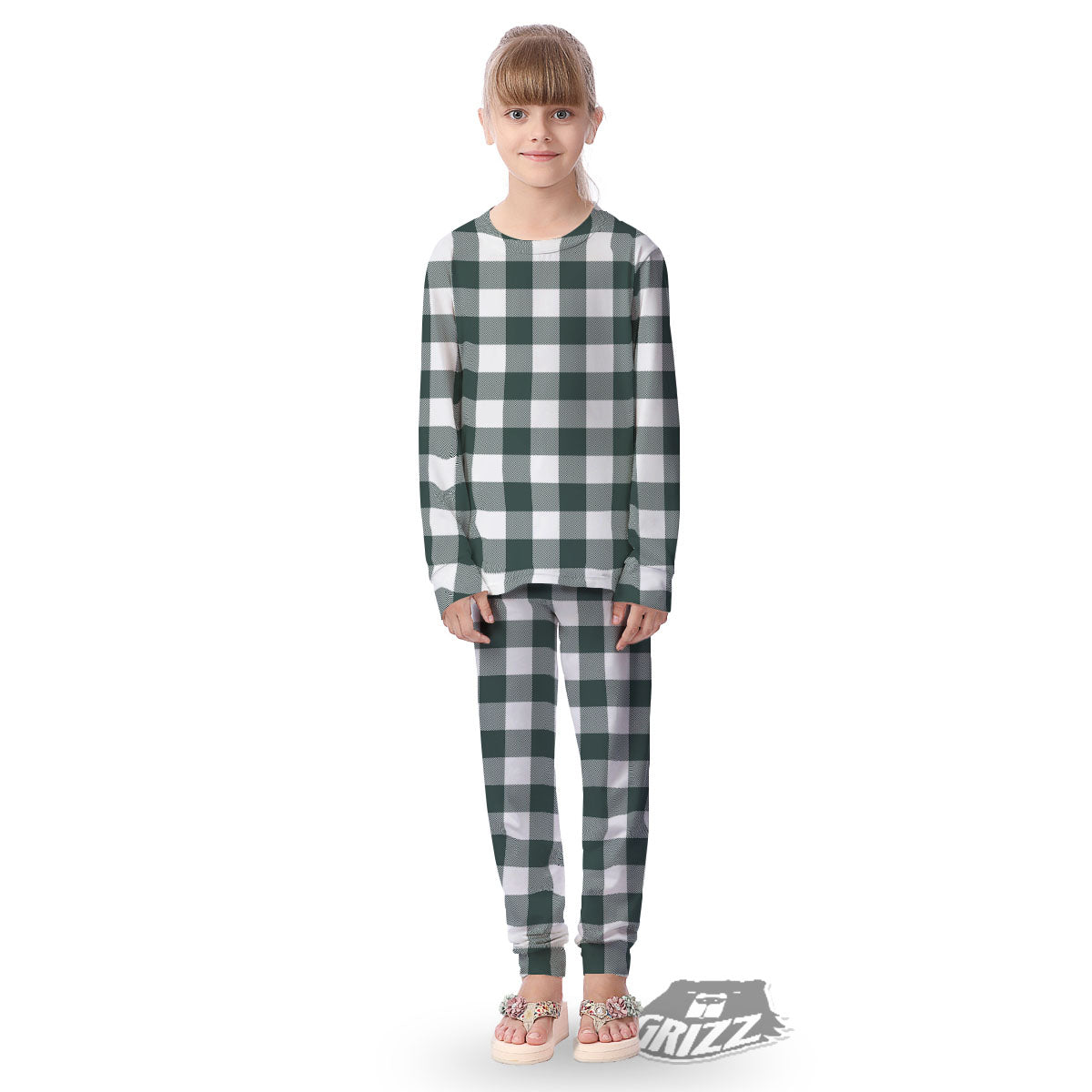 Buffalo Check White And Green Print Kid's Pajamas-grizzshop