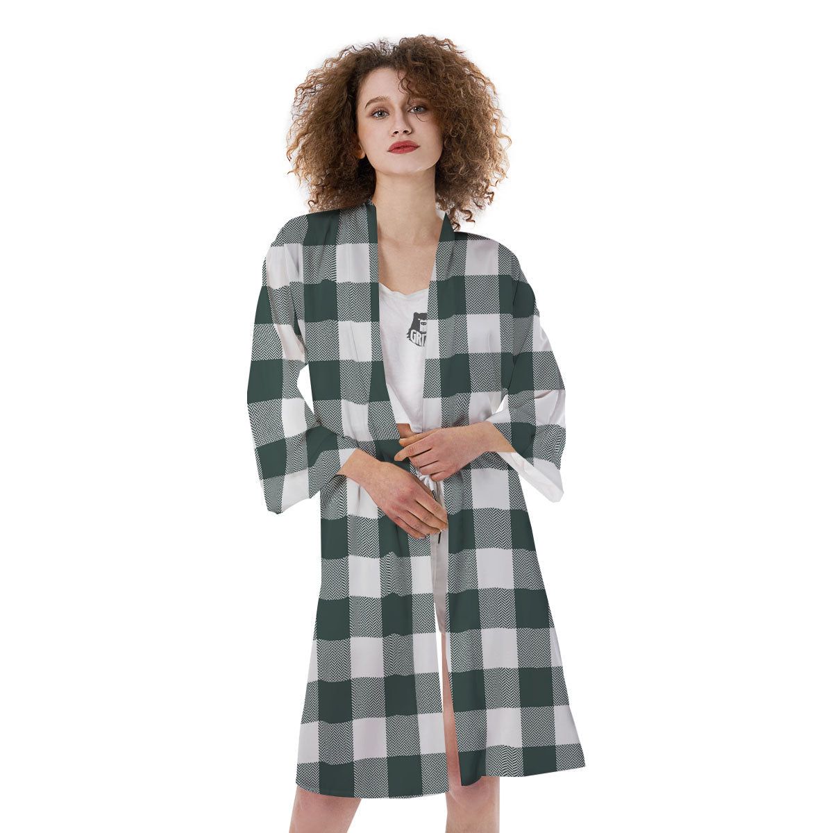 Buffalo Check White And Green Print Kimono-grizzshop
