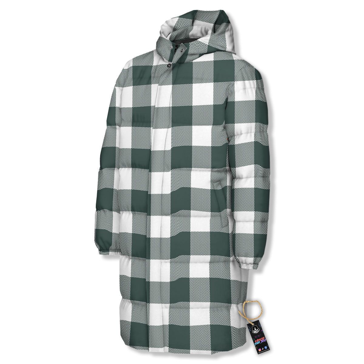 Buffalo Check White And Green Print Long Down Jacket-grizzshop