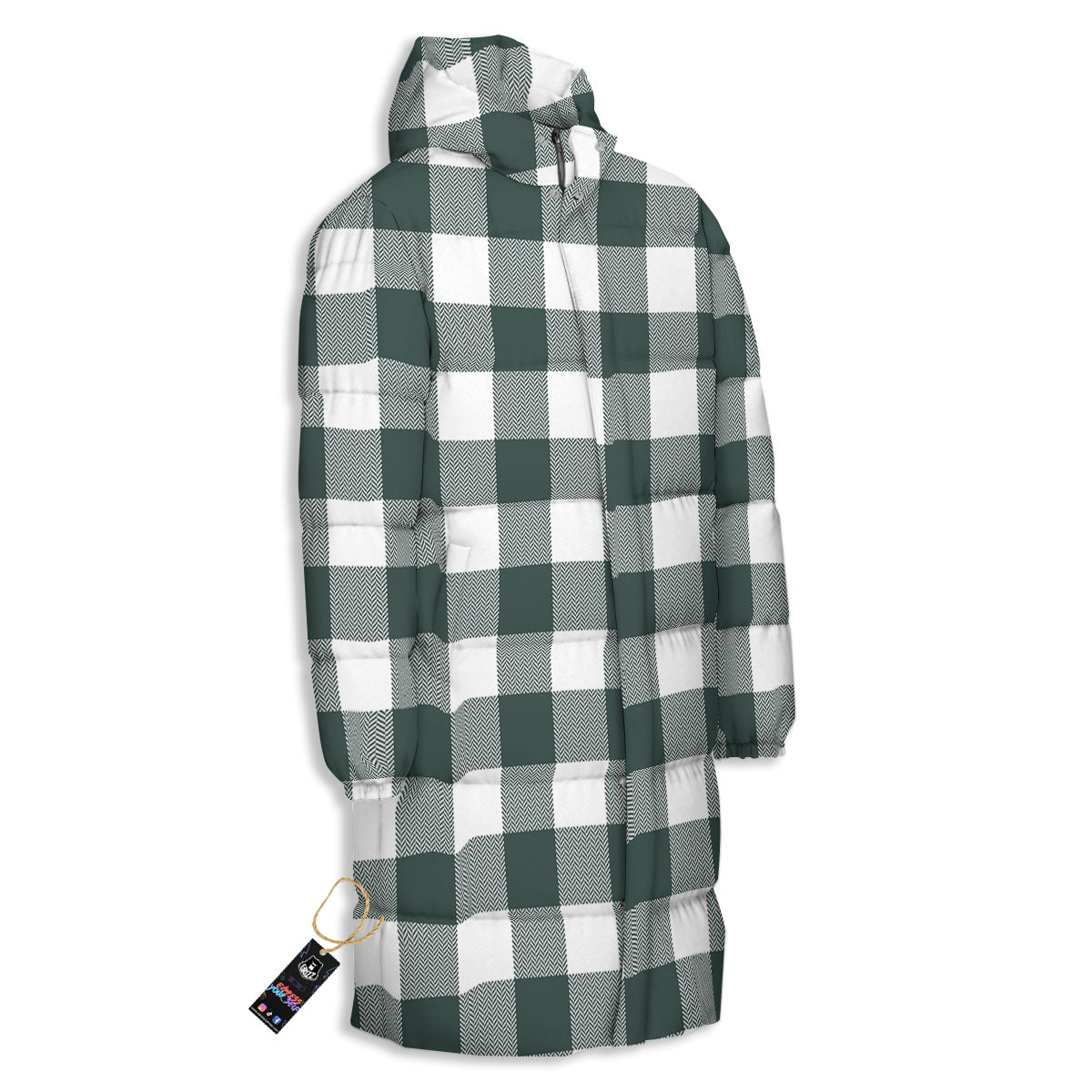 Buffalo Check White And Green Print Long Down Jacket-grizzshop