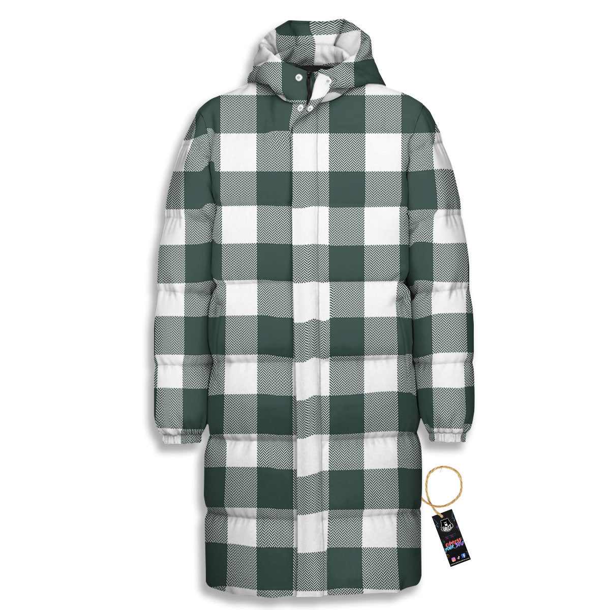 Buffalo Check White And Green Print Long Down Jacket-grizzshop