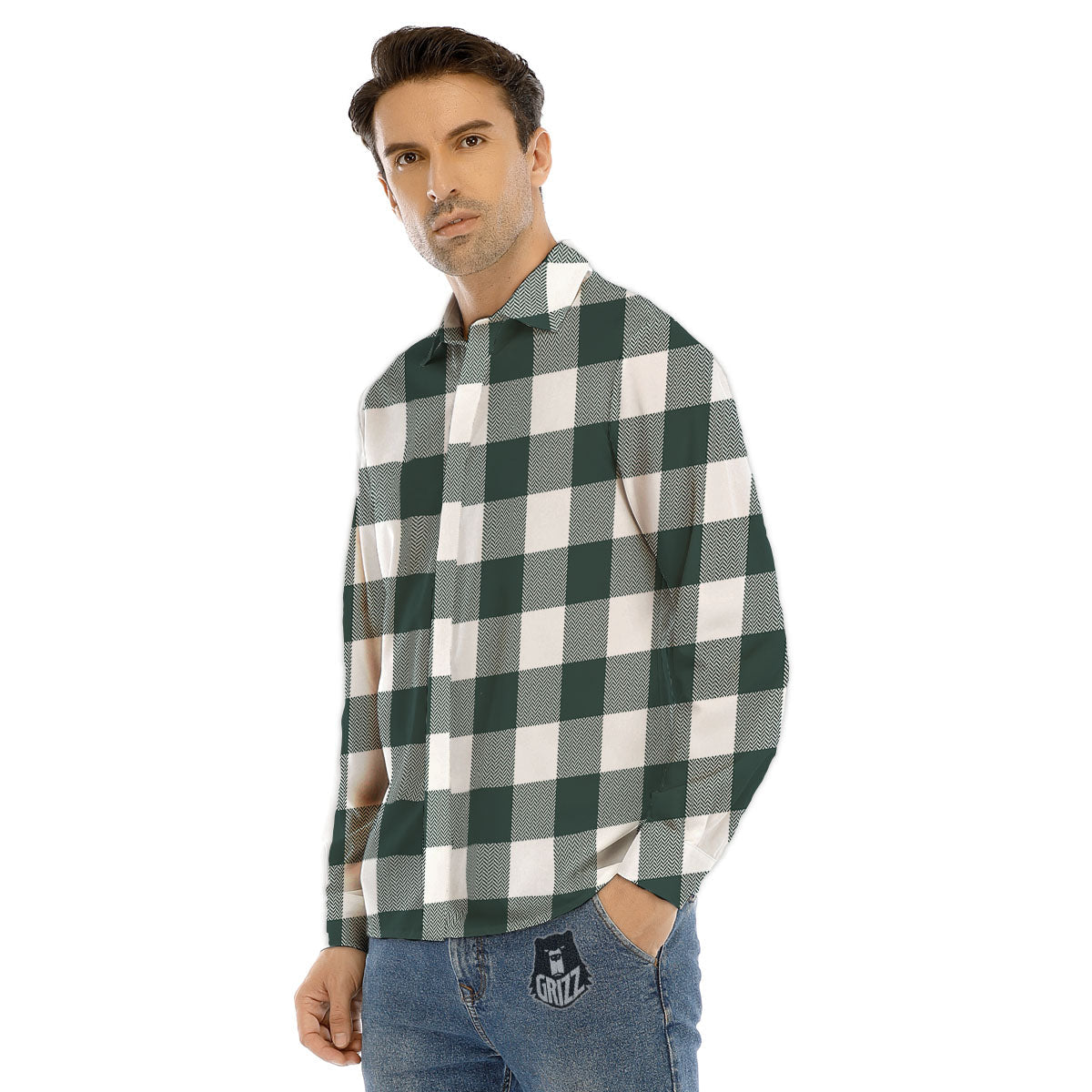 Buffalo Check White And Green Print Men's Dress Shirts-grizzshop