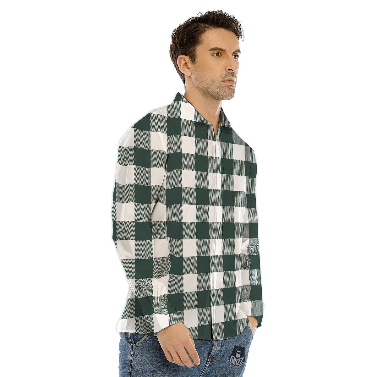 Buffalo Check White And Green Print Men's Dress Shirts-grizzshop