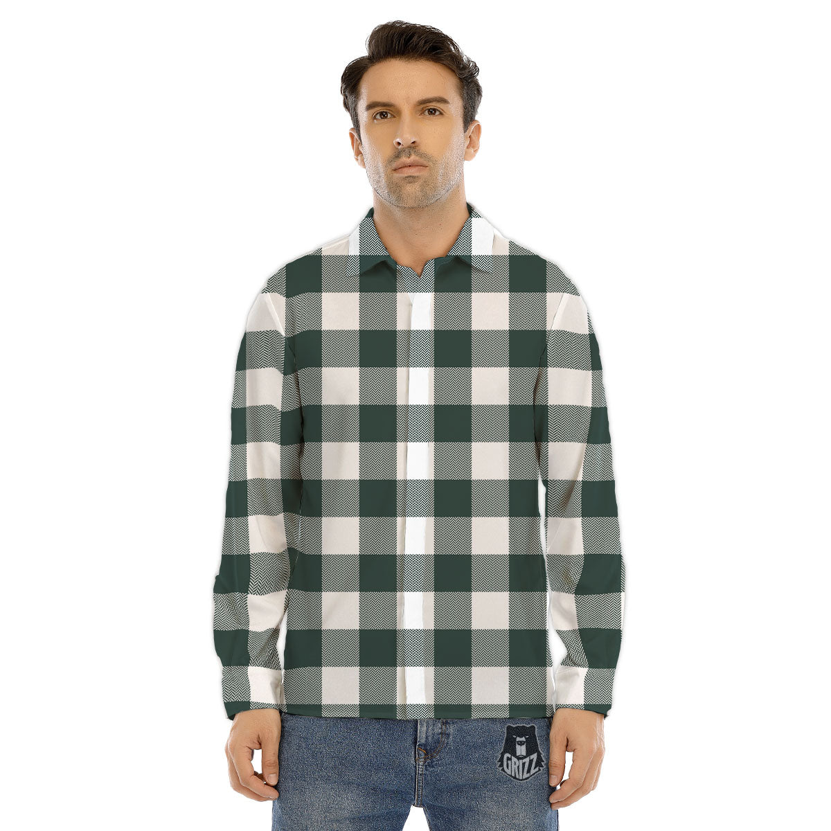 Buffalo Check White And Green Print Men's Dress Shirts-grizzshop
