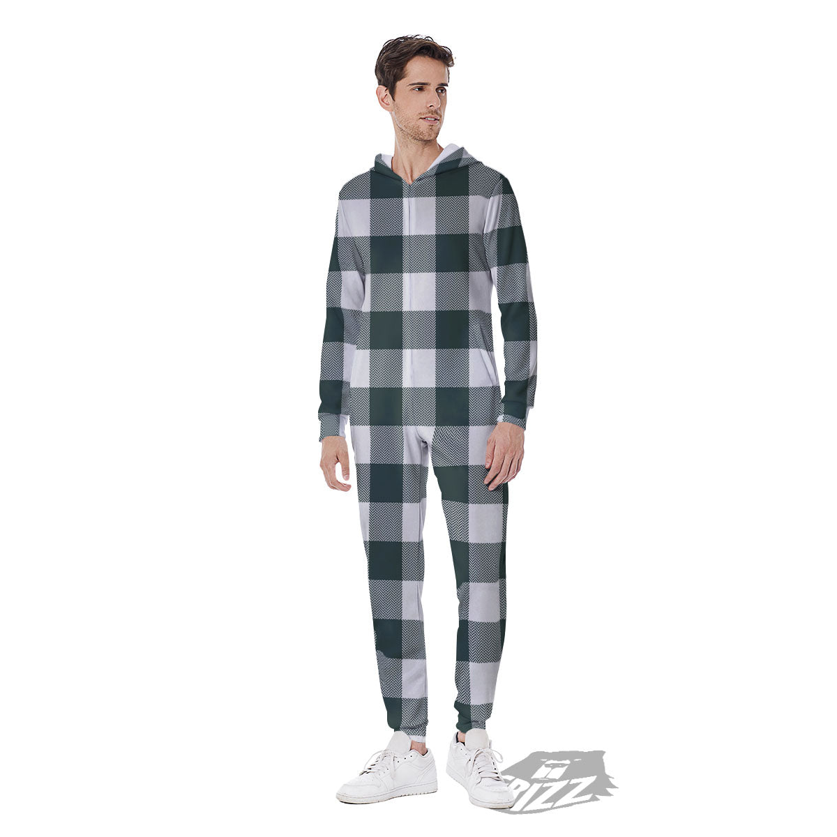 Buffalo Check White And Green Print Men's Jumpsuit-grizzshop