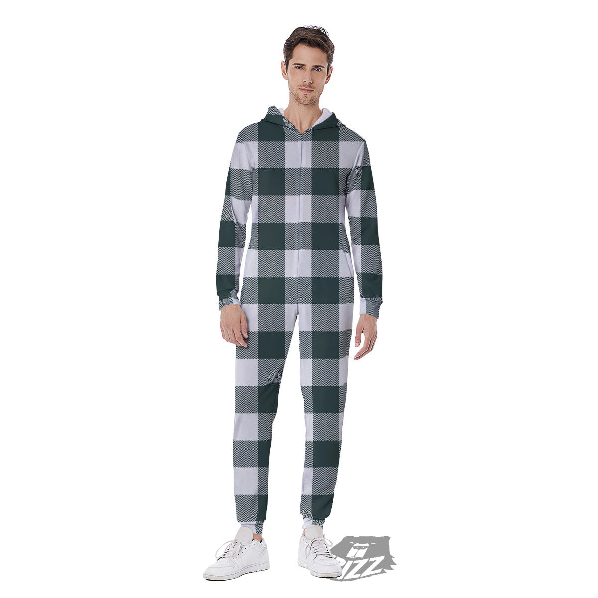 Buffalo Check White And Green Print Men's Jumpsuit-grizzshop