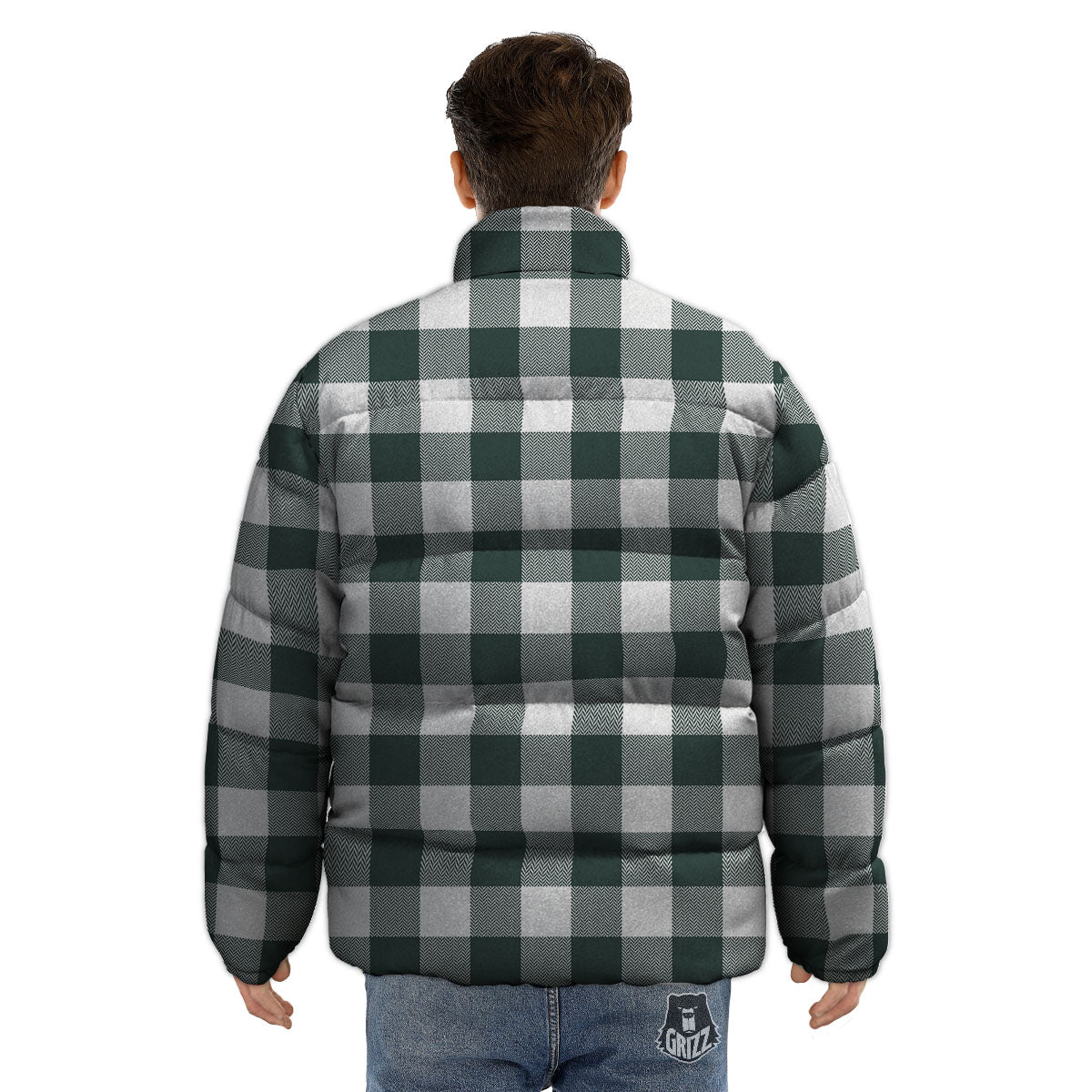 Buffalo Check White And Green Print Puffer Jacket-grizzshop