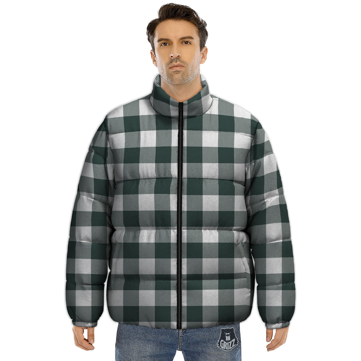 Buffalo Check White And Green Print Puffer Jacket-grizzshop