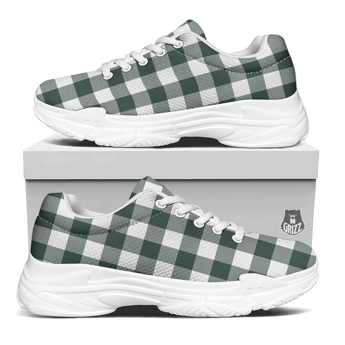 Buffalo Check White And Green Print White Chunky Shoes-grizzshop