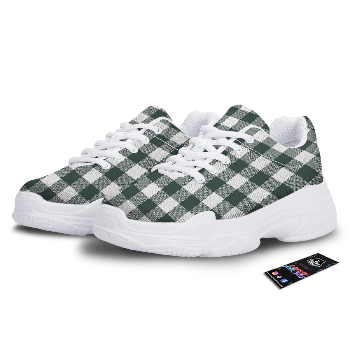 Buffalo Check White And Green Print White Chunky Shoes-grizzshop