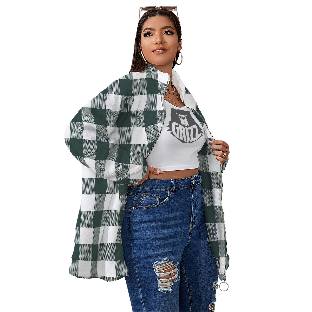 Buffalo Check White And Green Print Women's Sherpa Jacket-grizzshop