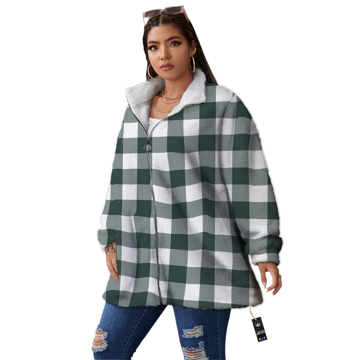 Buffalo Check White And Green Print Women's Sherpa Jacket-grizzshop