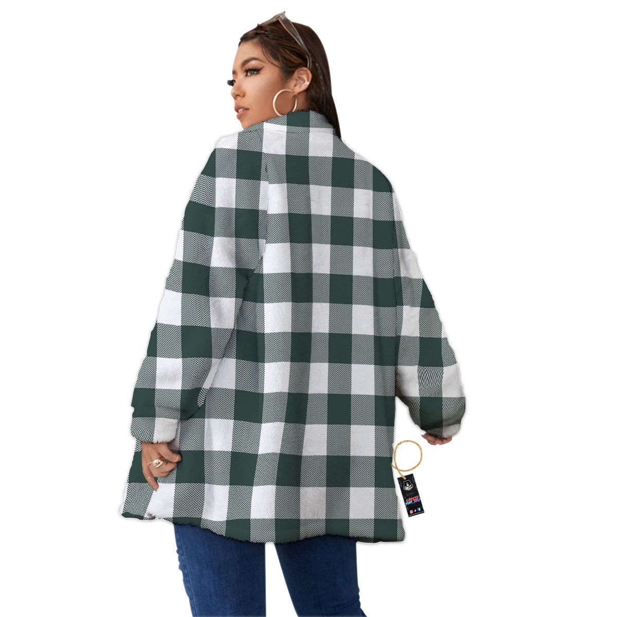 Buffalo Check White And Green Print Women's Sherpa Jacket-grizzshop