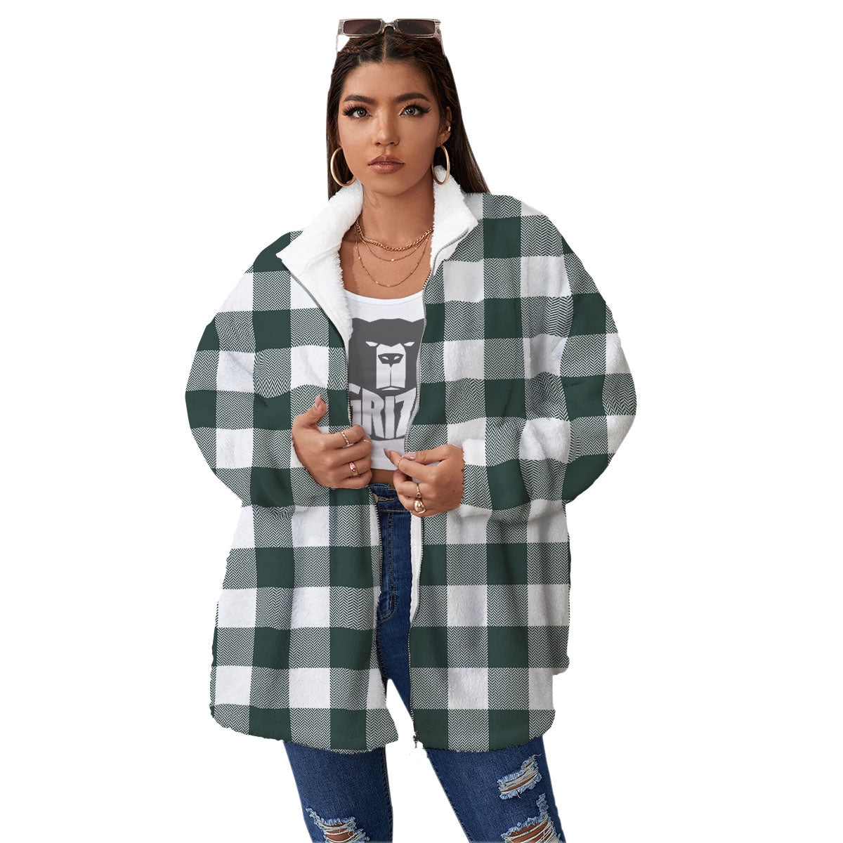 Buffalo Check White And Green Print Women's Sherpa Jacket-grizzshop