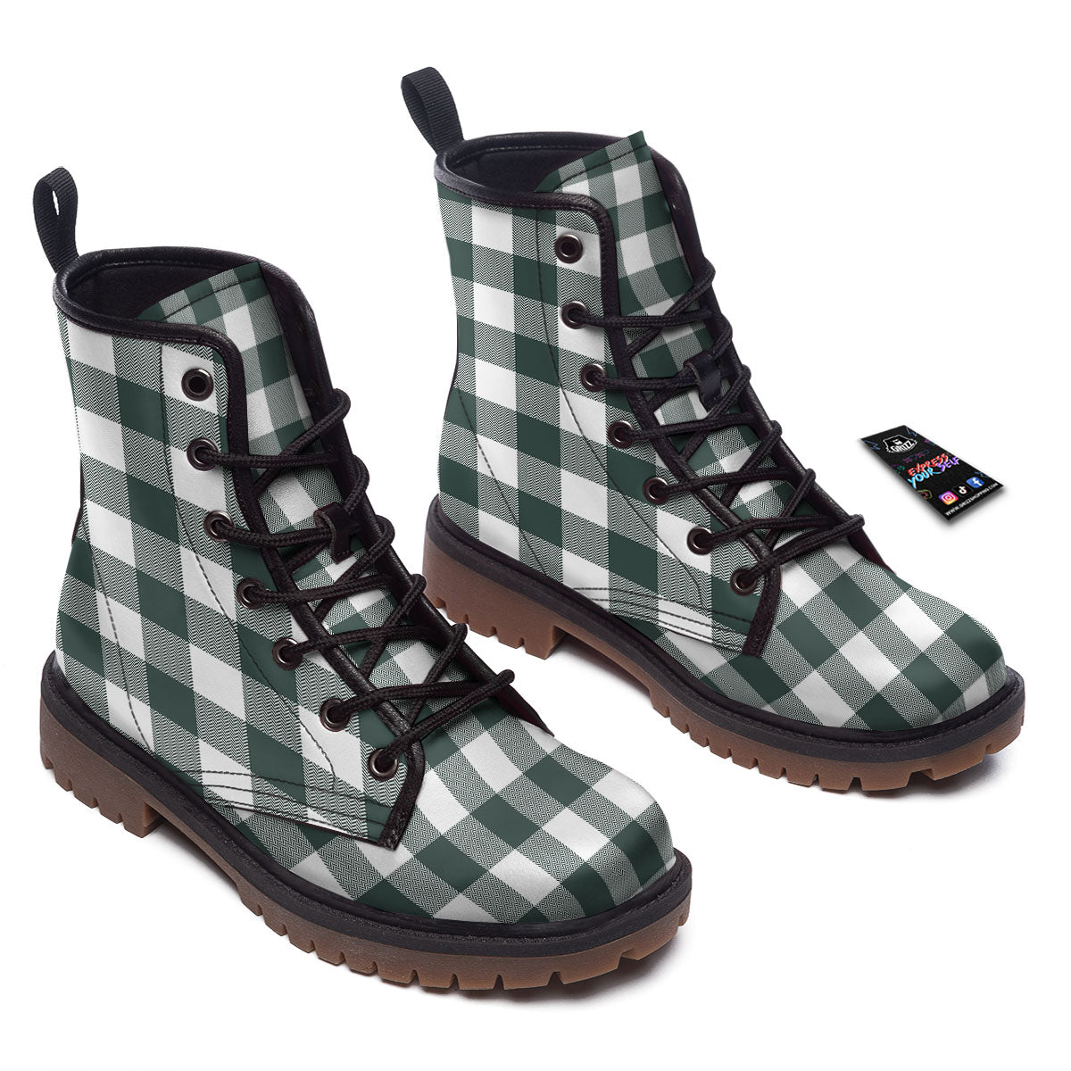 Buffalo Check White And Green Print Work Boots-grizzshop