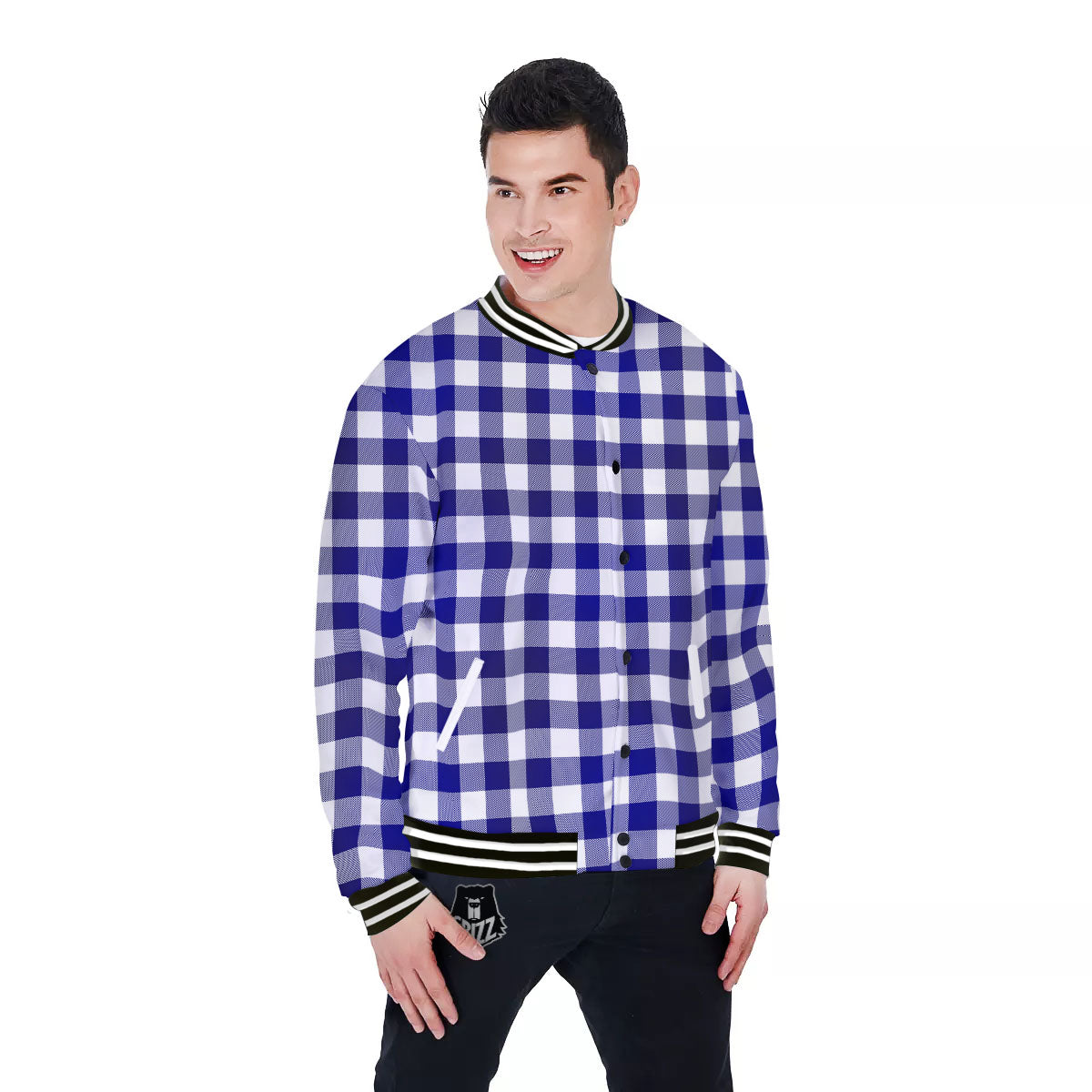Buffalo Check White And Navy Print Baseball Jacket-grizzshop