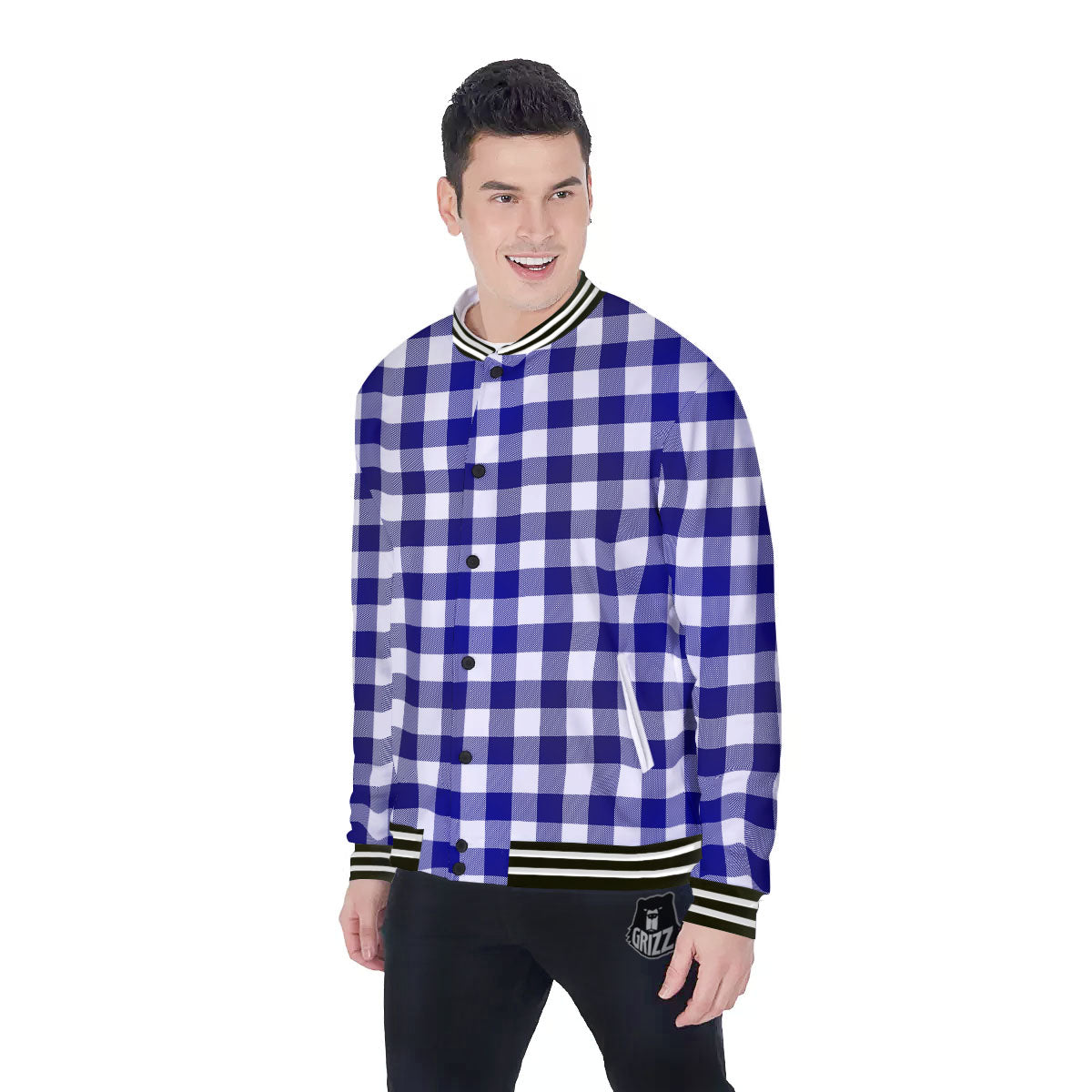Buffalo Check White And Navy Print Baseball Jacket-grizzshop