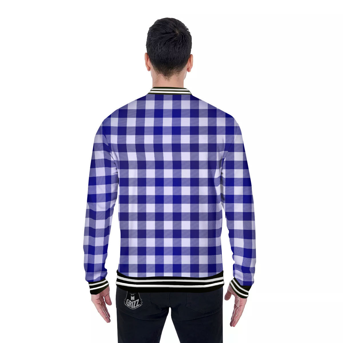 Buffalo Check White And Navy Print Baseball Jacket-grizzshop