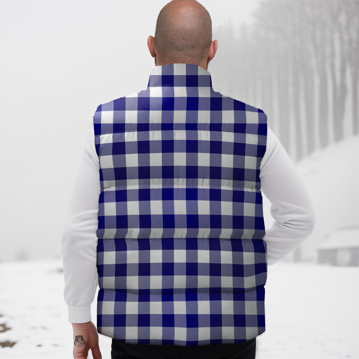 Buffalo Check White And Navy Print Down Vest