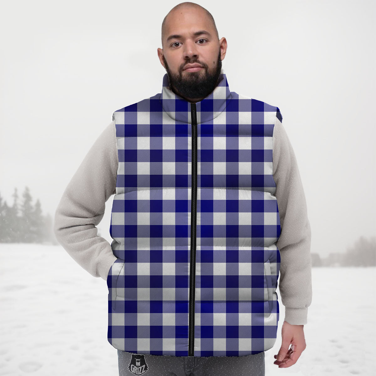 Buffalo Check White And Navy Print Down Vest