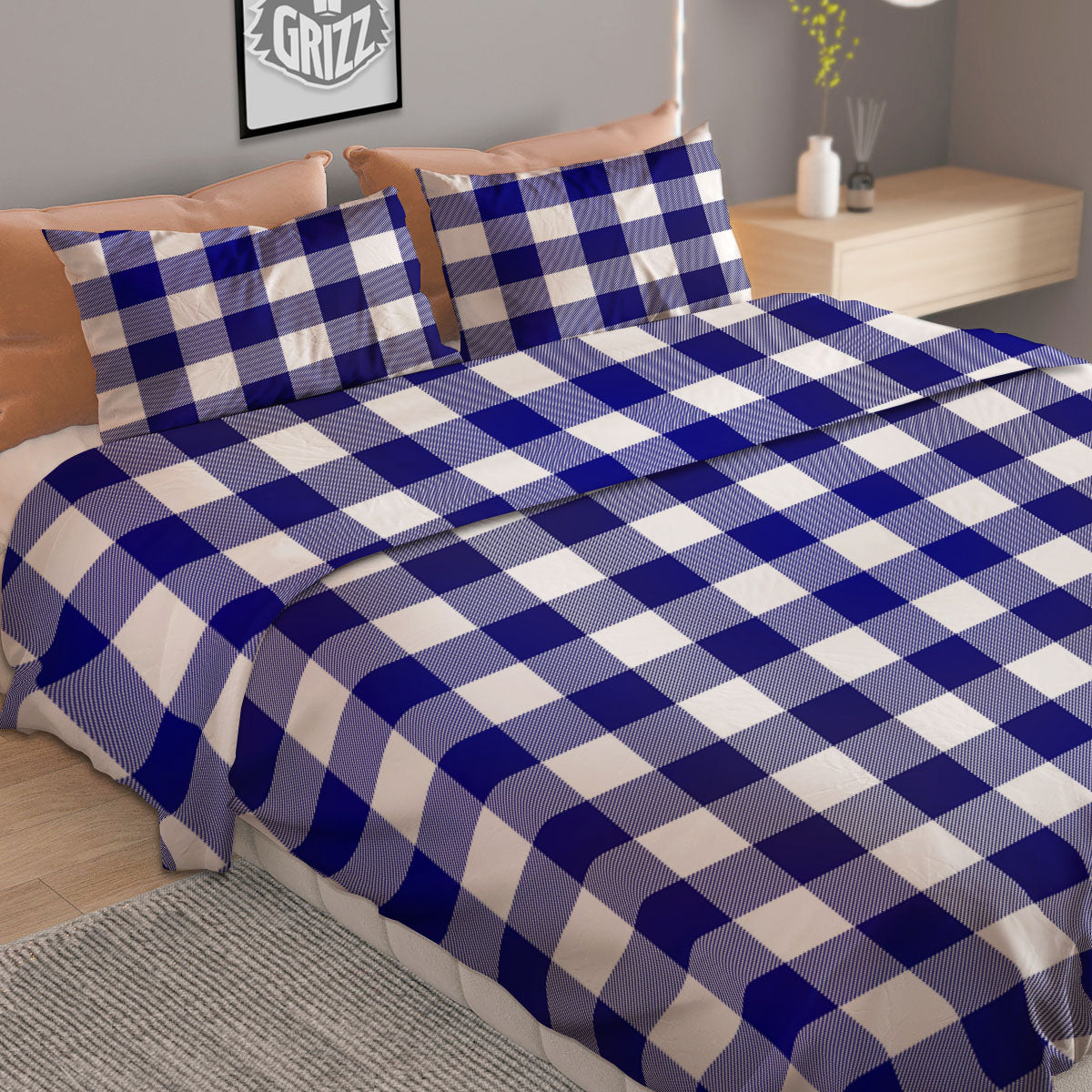 Buffalo Check White And Navy Print Duvet Cover Bedding Set