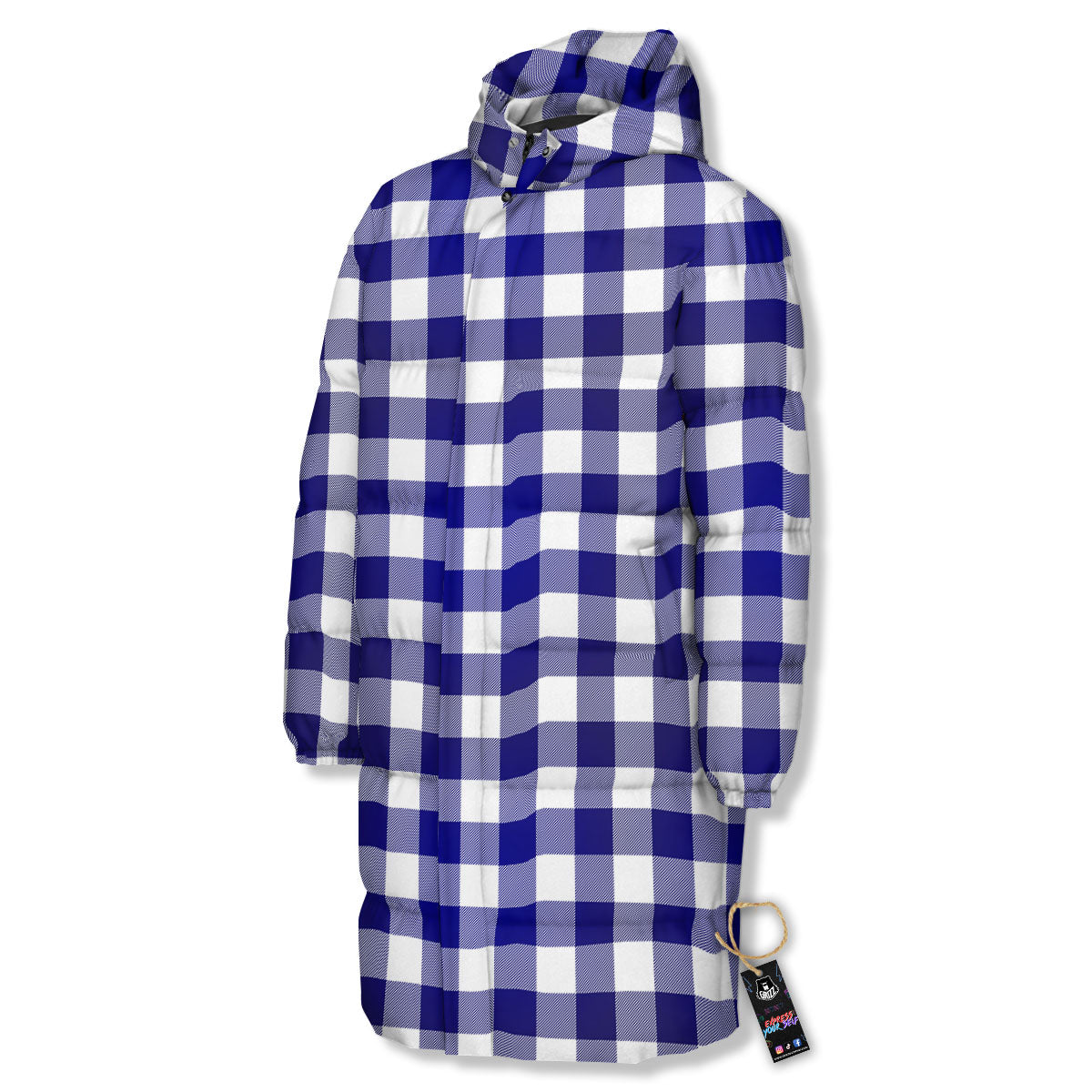 Buffalo Check White And Navy Print Long Down Jacket-grizzshop