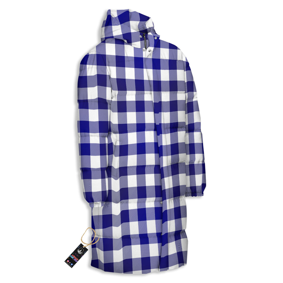 Buffalo Check White And Navy Print Long Down Jacket-grizzshop