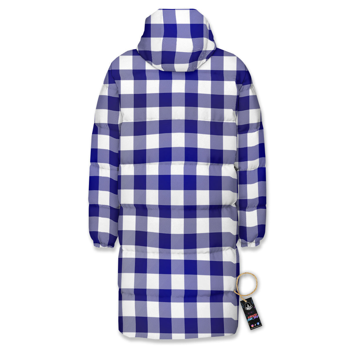 Buffalo Check White And Navy Print Long Down Jacket-grizzshop