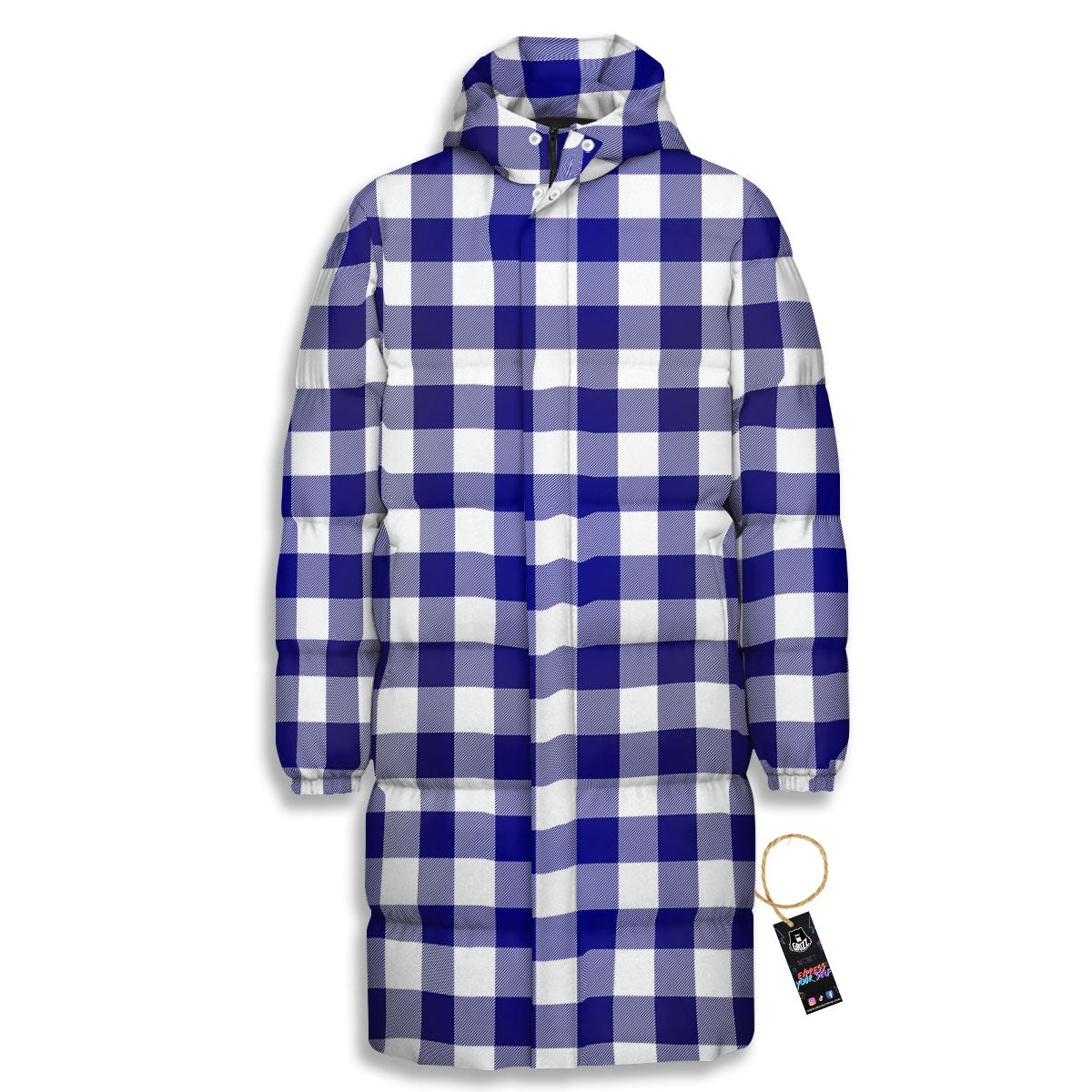 Buffalo Check White And Navy Print Long Down Jacket-grizzshop