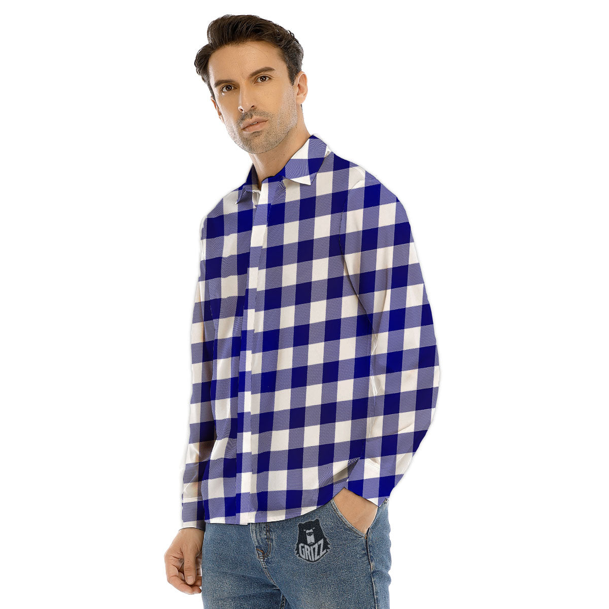 Buffalo Check White And Navy Print Men's Dress Shirts-grizzshop
