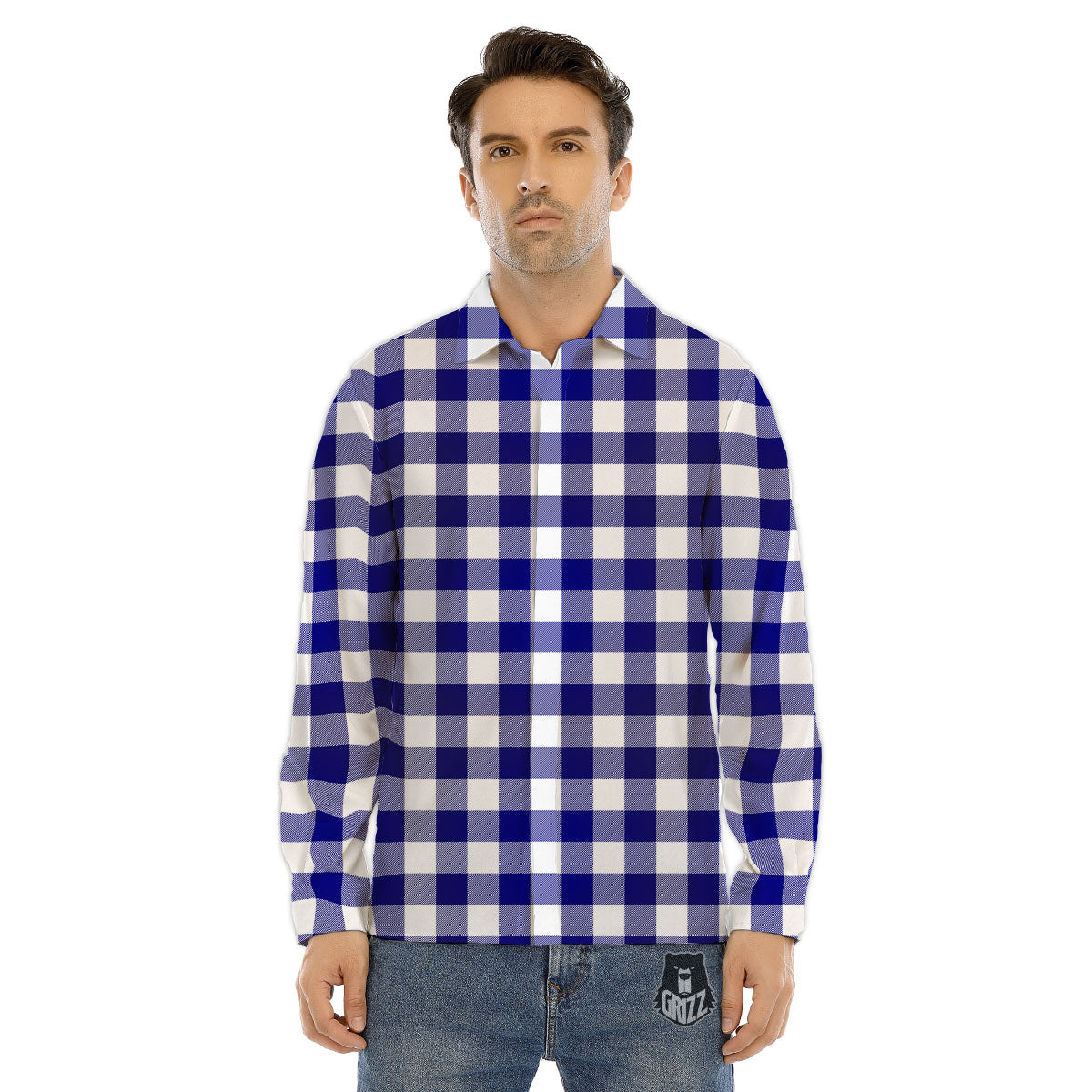 Buffalo Check White And Navy Print Men's Dress Shirts-grizzshop