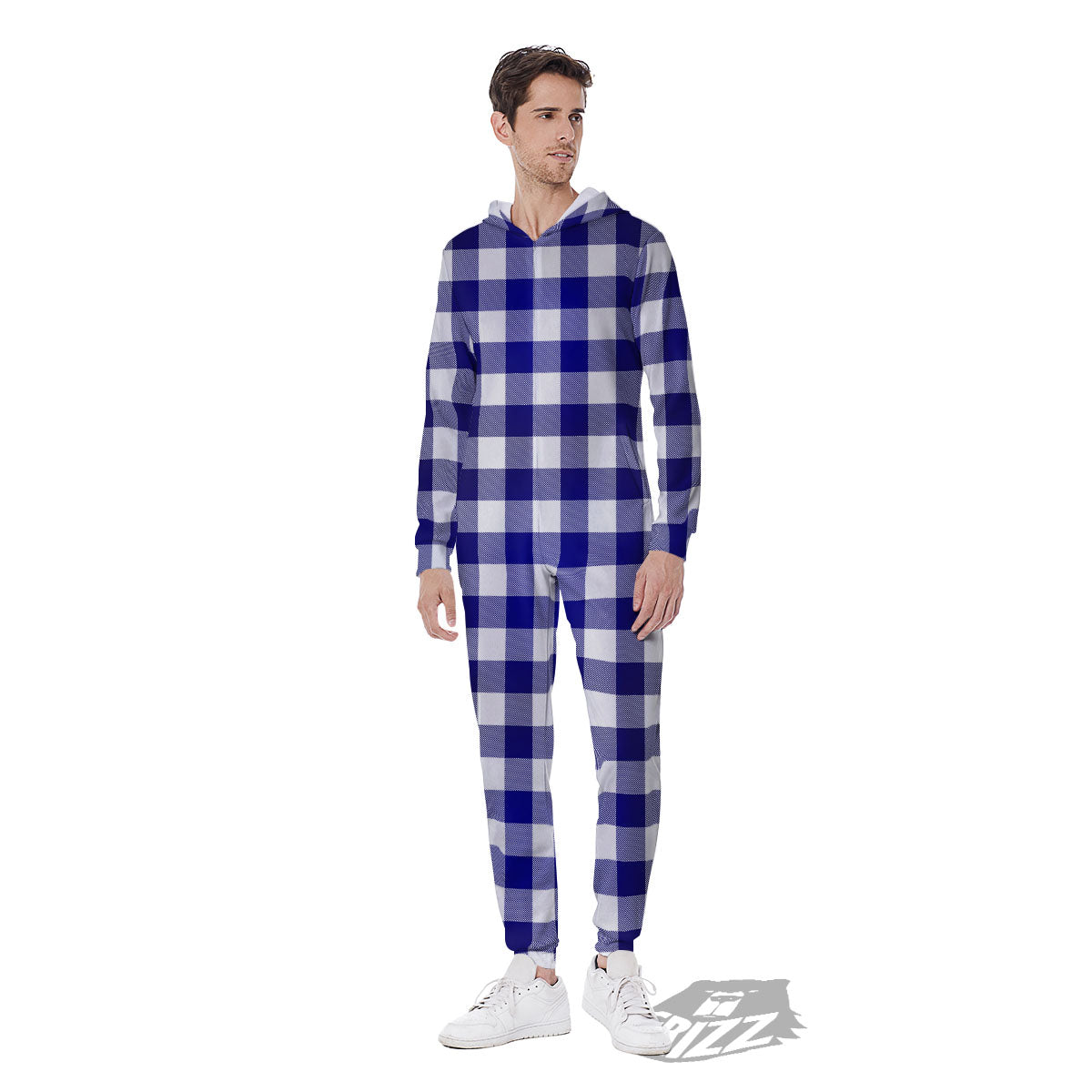 Buffalo Check White And Navy Print Men's Jumpsuit-grizzshop
