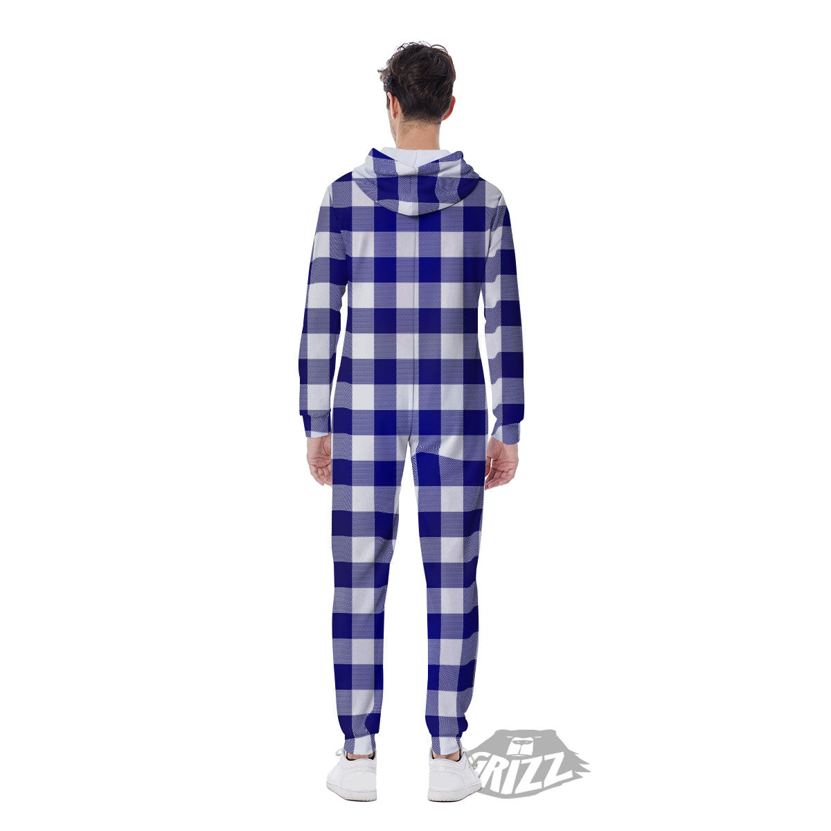 Buffalo Check White And Navy Print Men's Jumpsuit-grizzshop