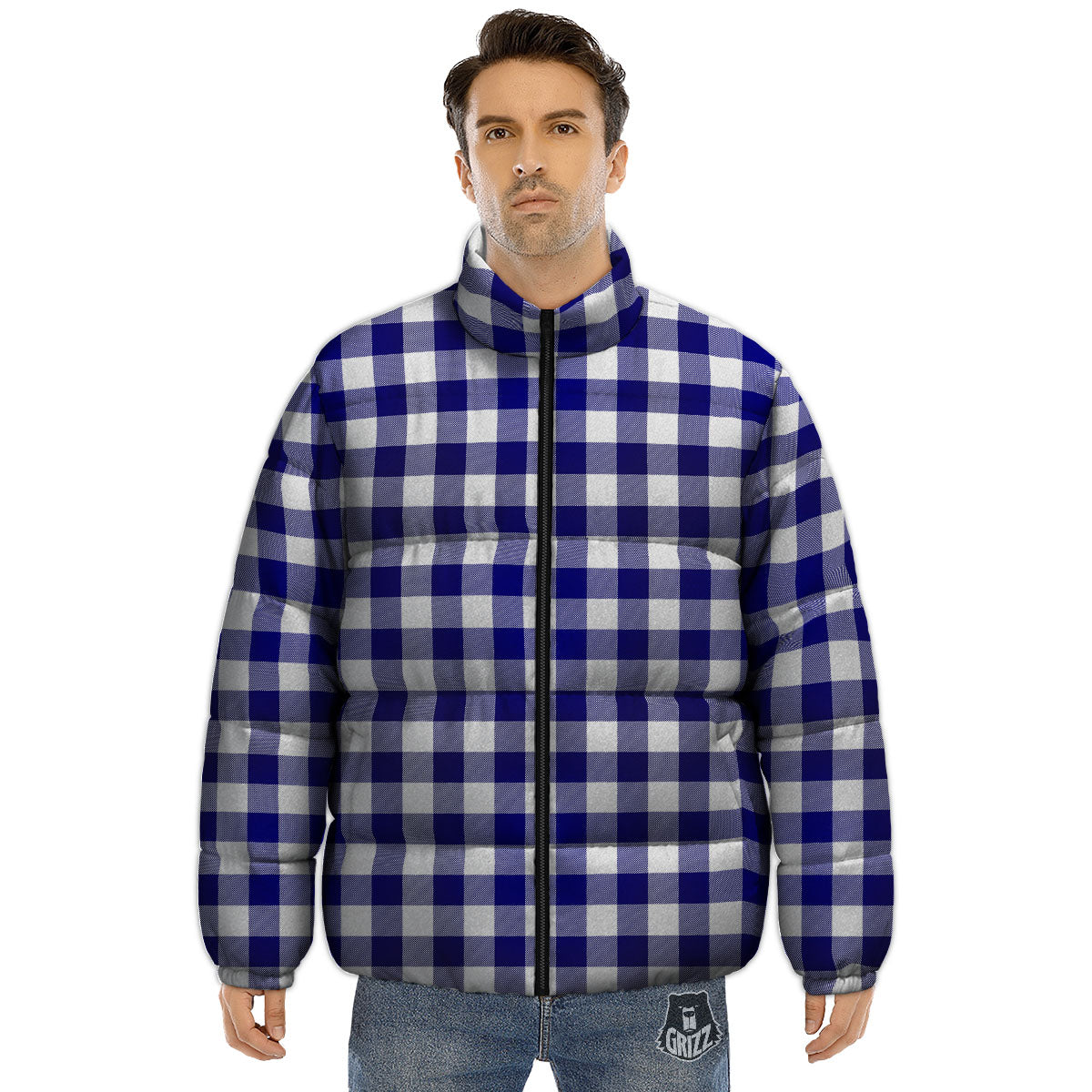 Buffalo Check White And Navy Print Puffer Jacket-grizzshop