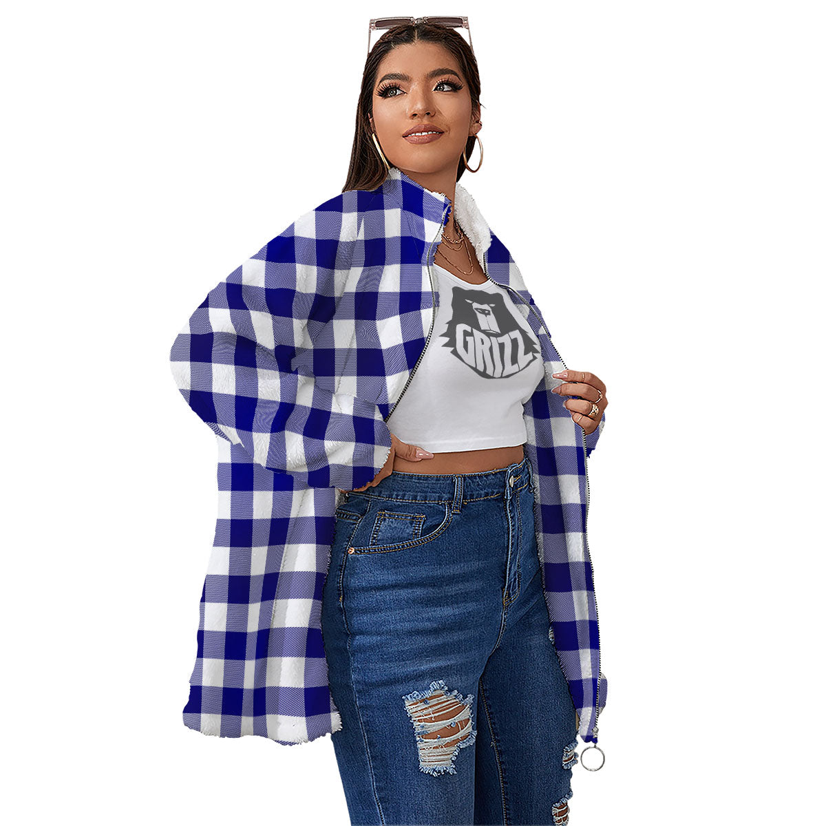 Buffalo Check White And Navy Print Women's Sherpa Jacket-grizzshop