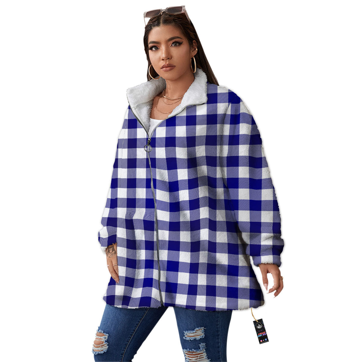Buffalo Check White And Navy Print Women's Sherpa Jacket-grizzshop
