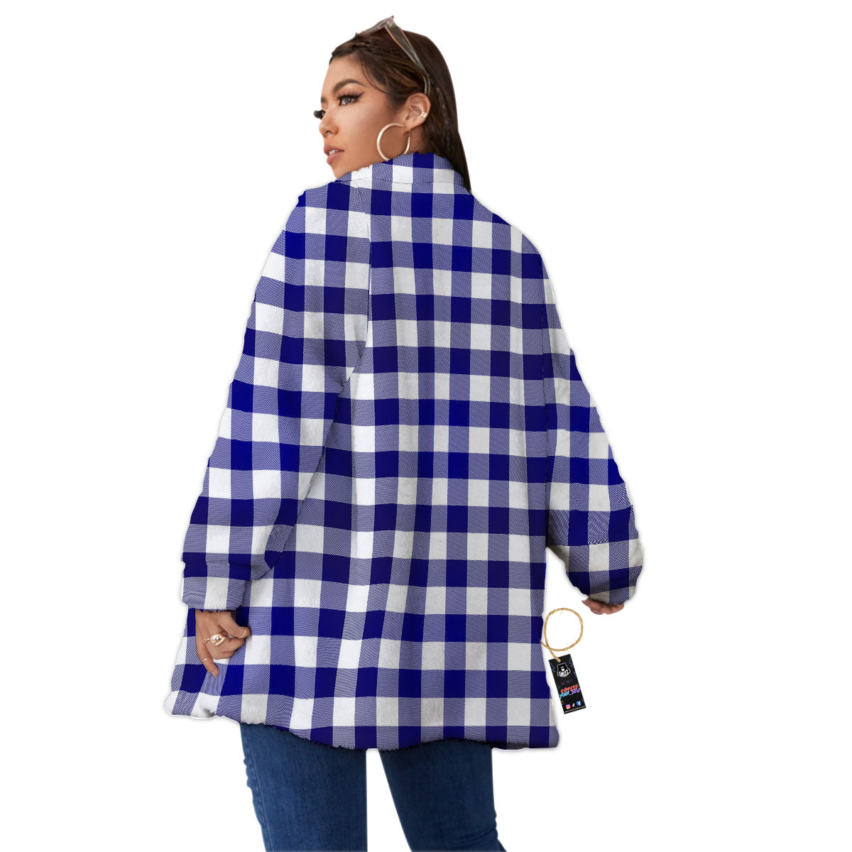 Buffalo Check White And Navy Print Women's Sherpa Jacket-grizzshop