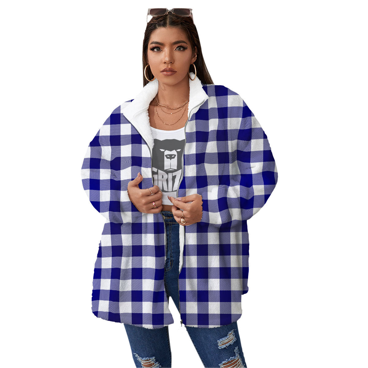 Buffalo Check White And Navy Print Women's Sherpa Jacket-grizzshop